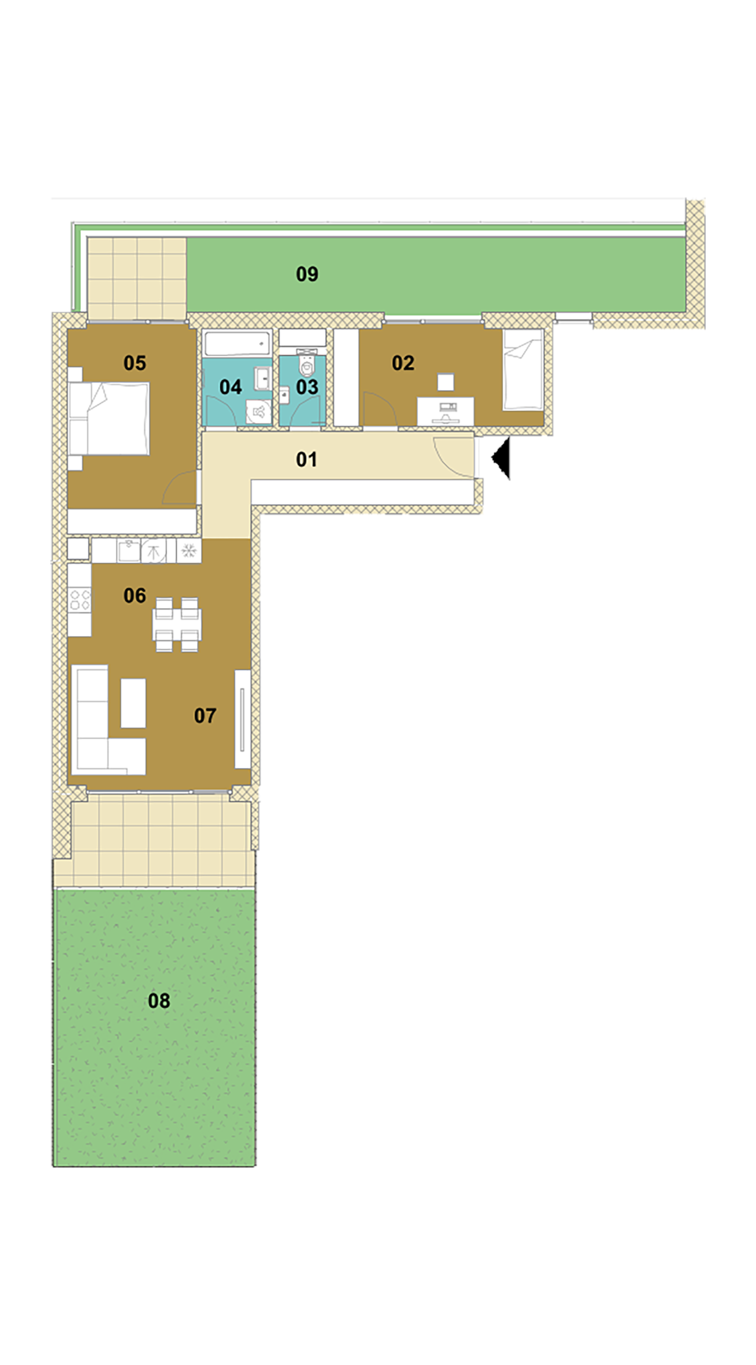 Trojizbový byt s balkónom, loggiou a záhradou D1-106