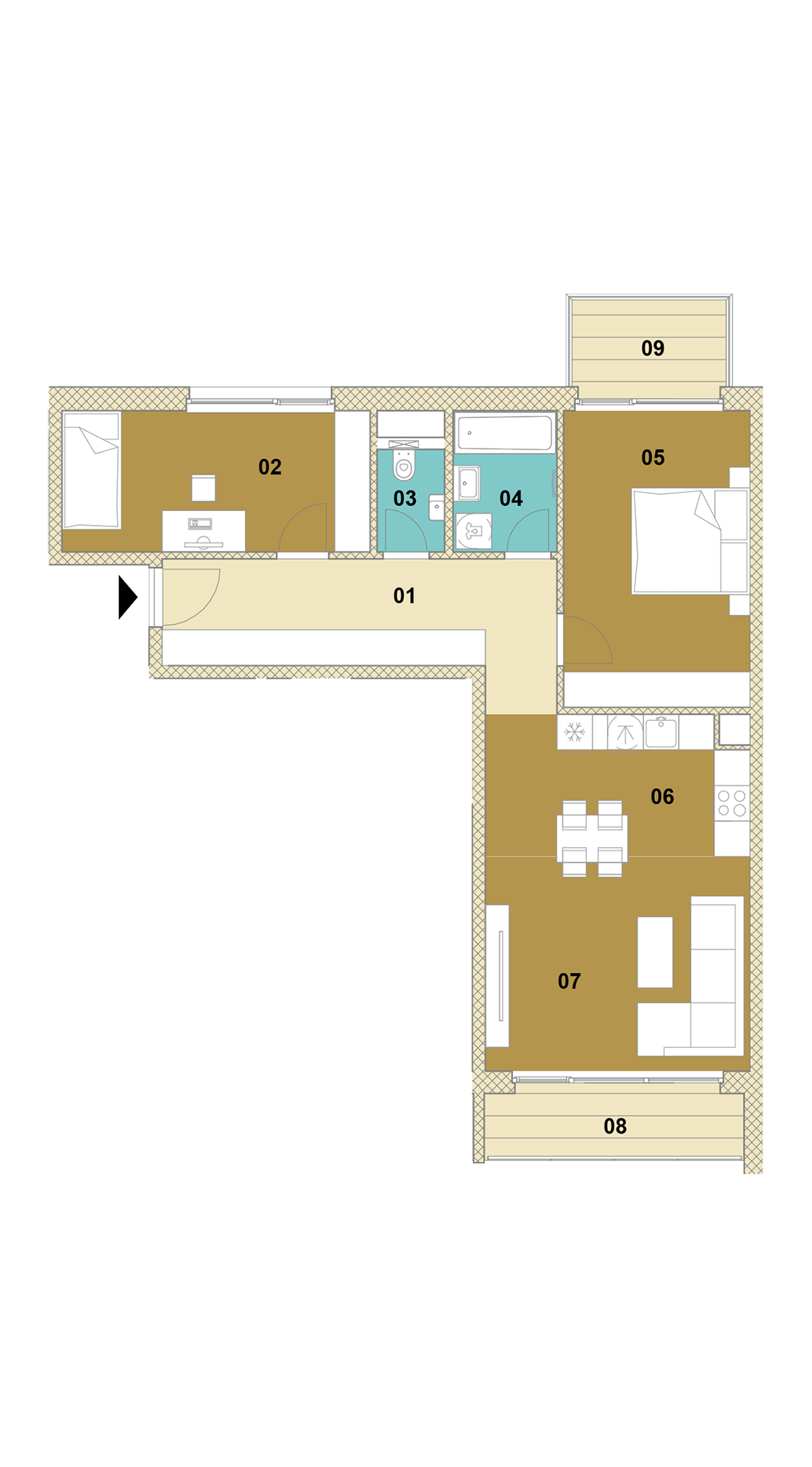 Trojizbový byt s balkónom a loggiou D2-201
