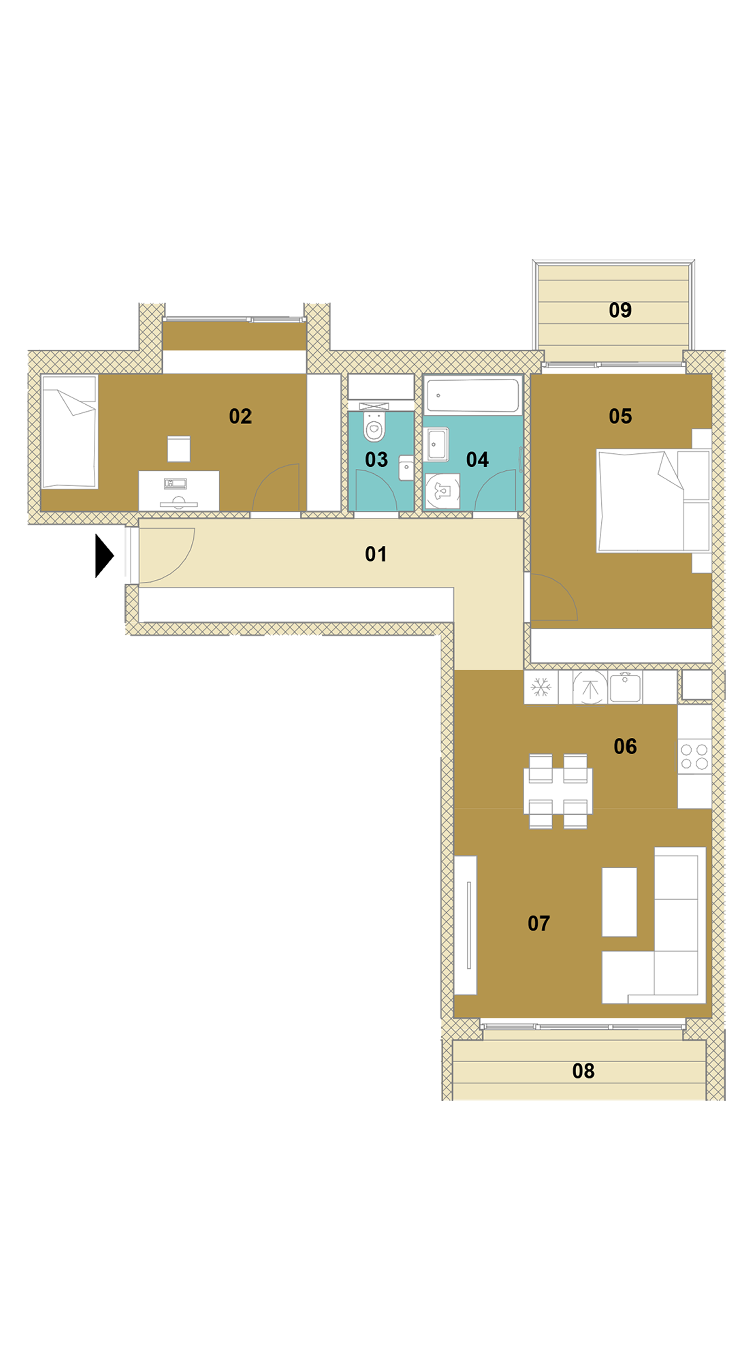 Trojizbový byt s balkónom a loggiou D2-301