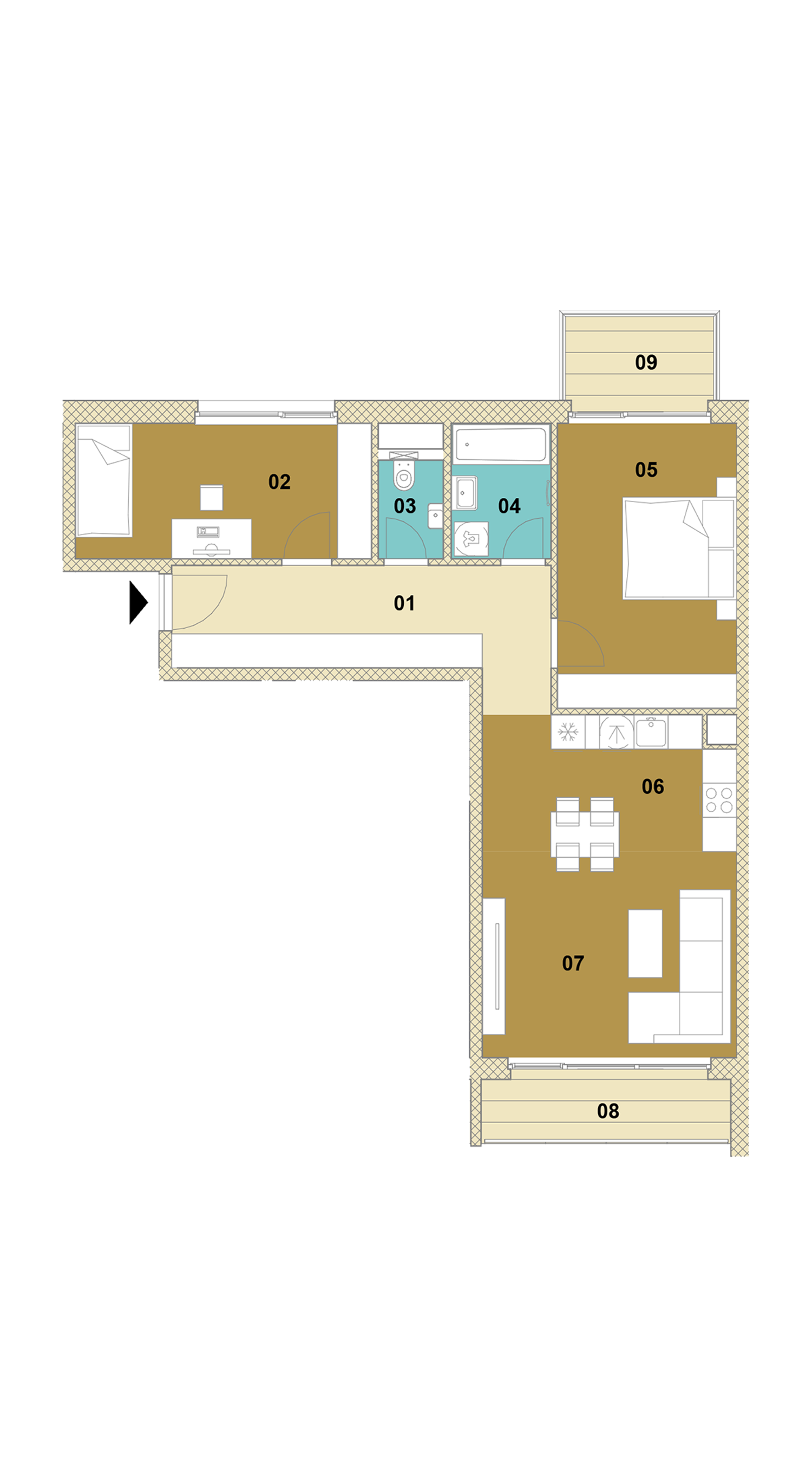 Trojizbový byt s balkónom a loggiou D2-401