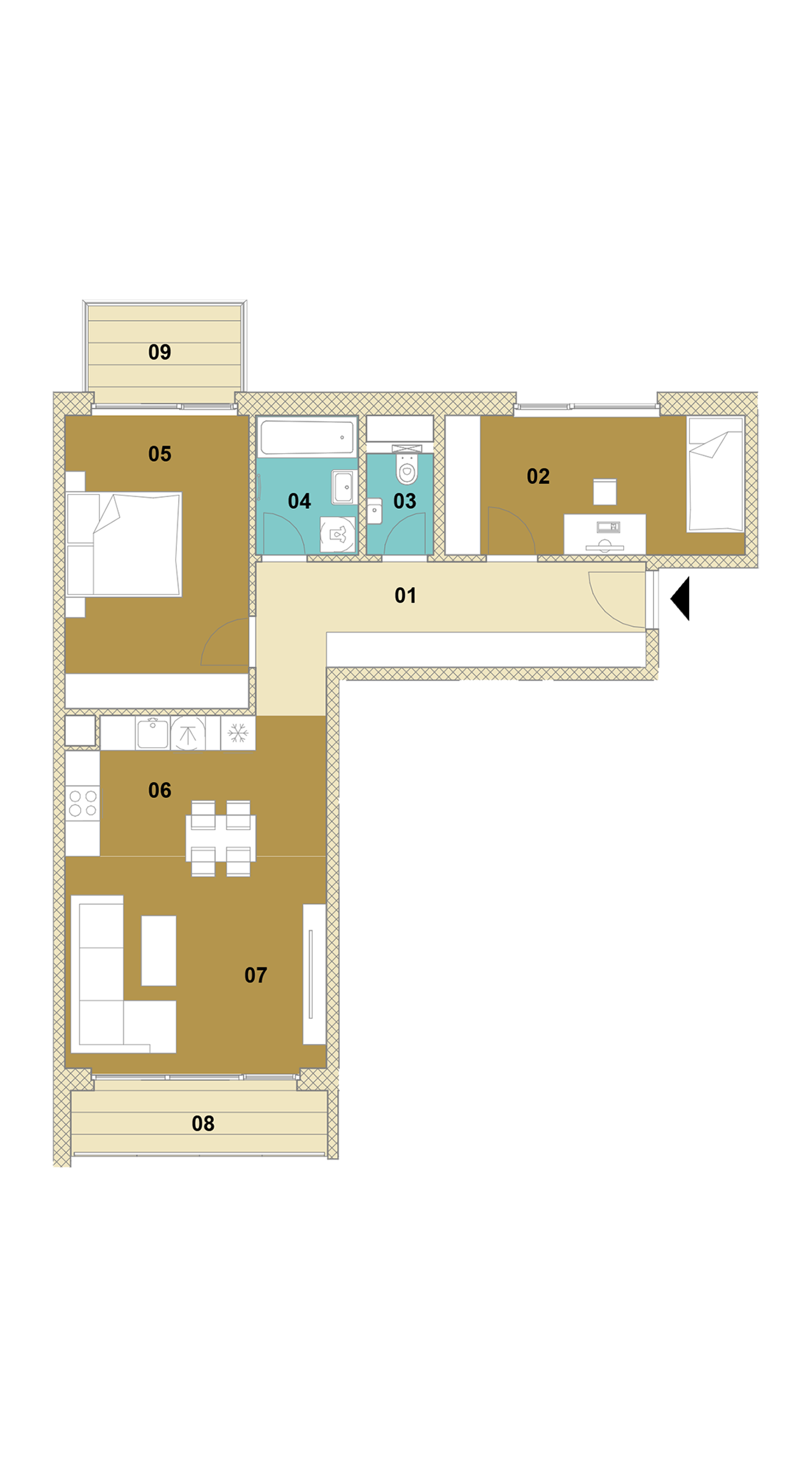 Trojizbový byt s balkónom a loggiou D2-406