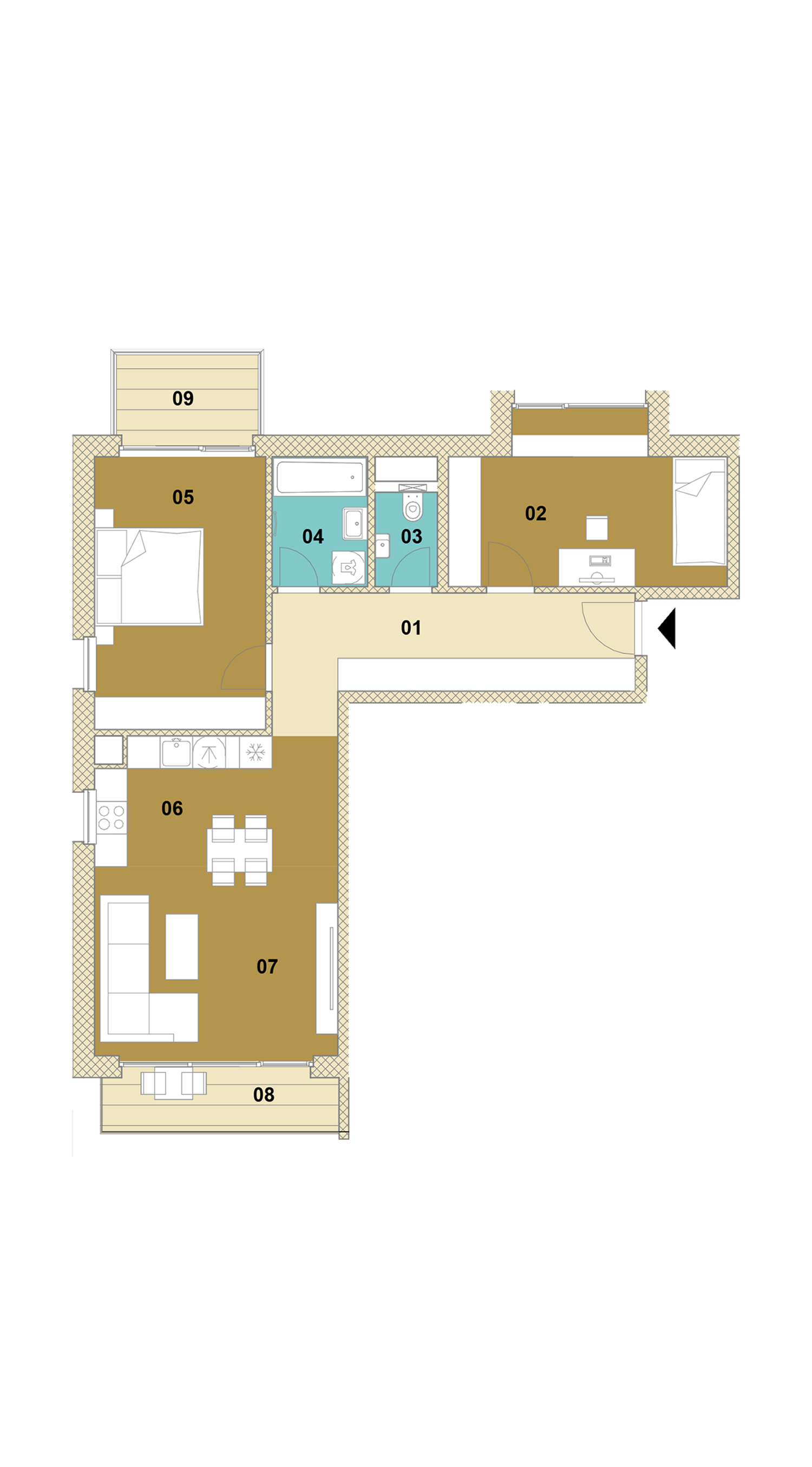 Trojizbový byt s balkónom a terasou D2-505