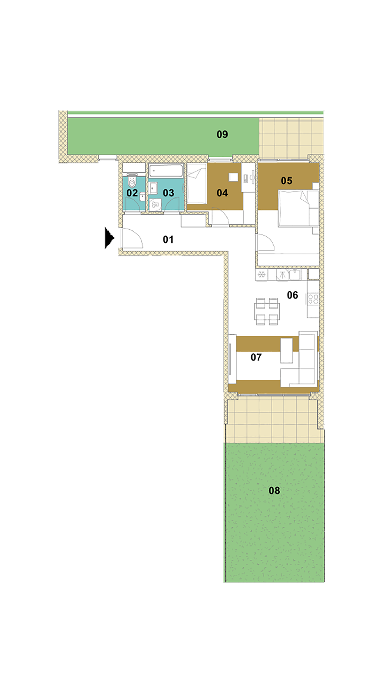 Trojizbový byt so záhradou E1-101