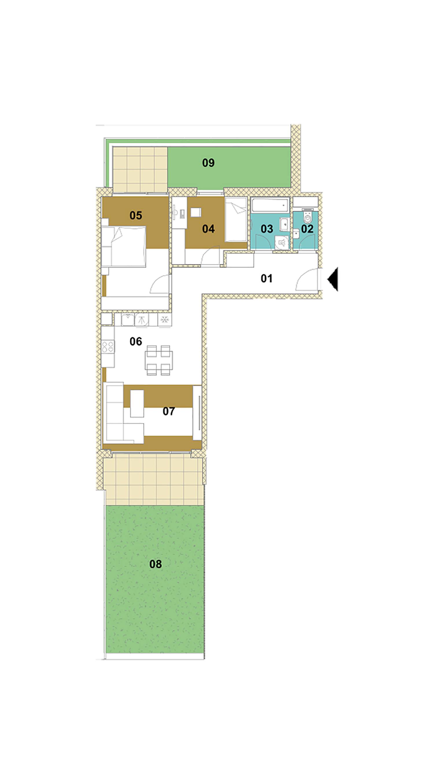 Trojizbový byt so záhradou E1-105