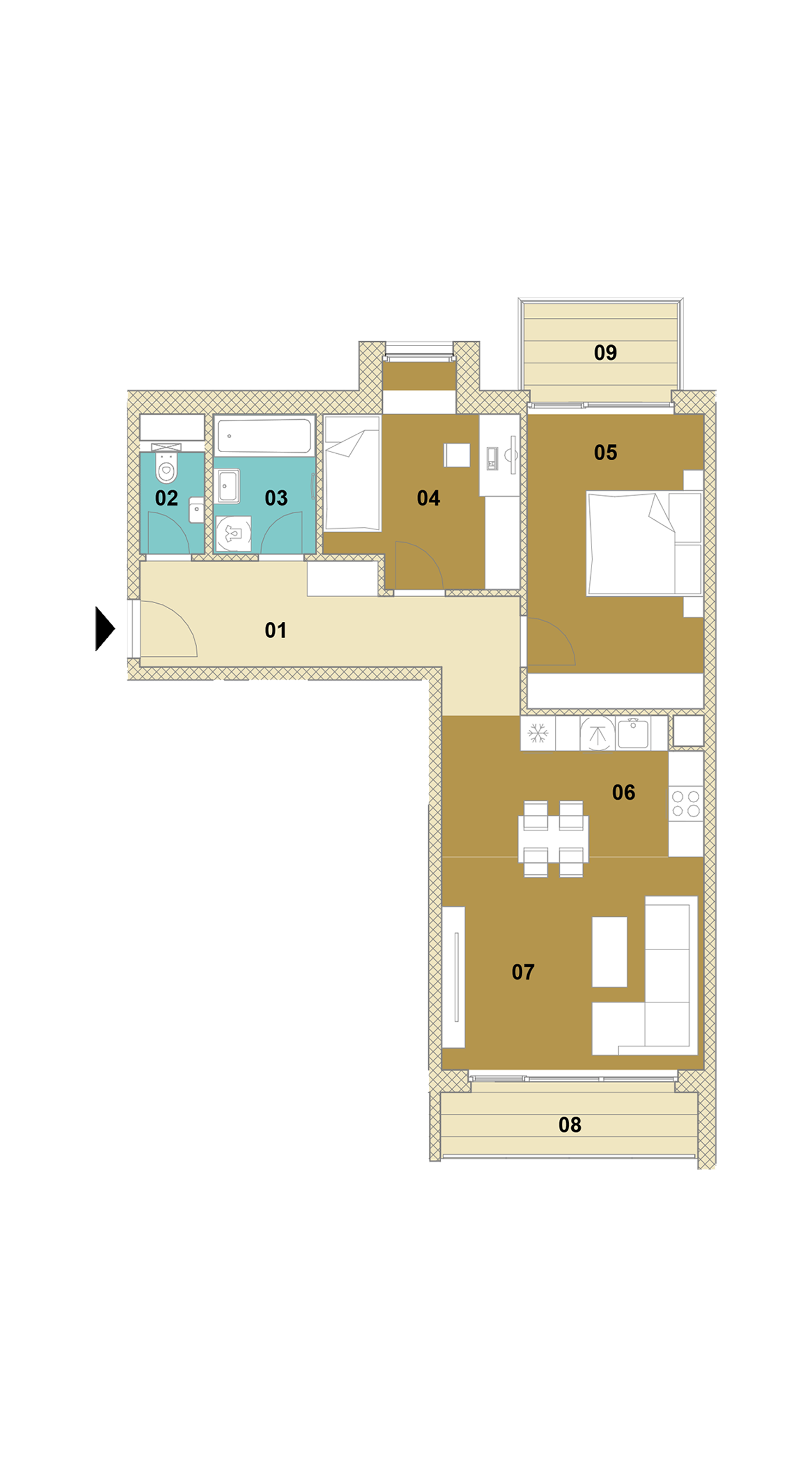Trojizbový byt s balkónom a loggiou E1-201
