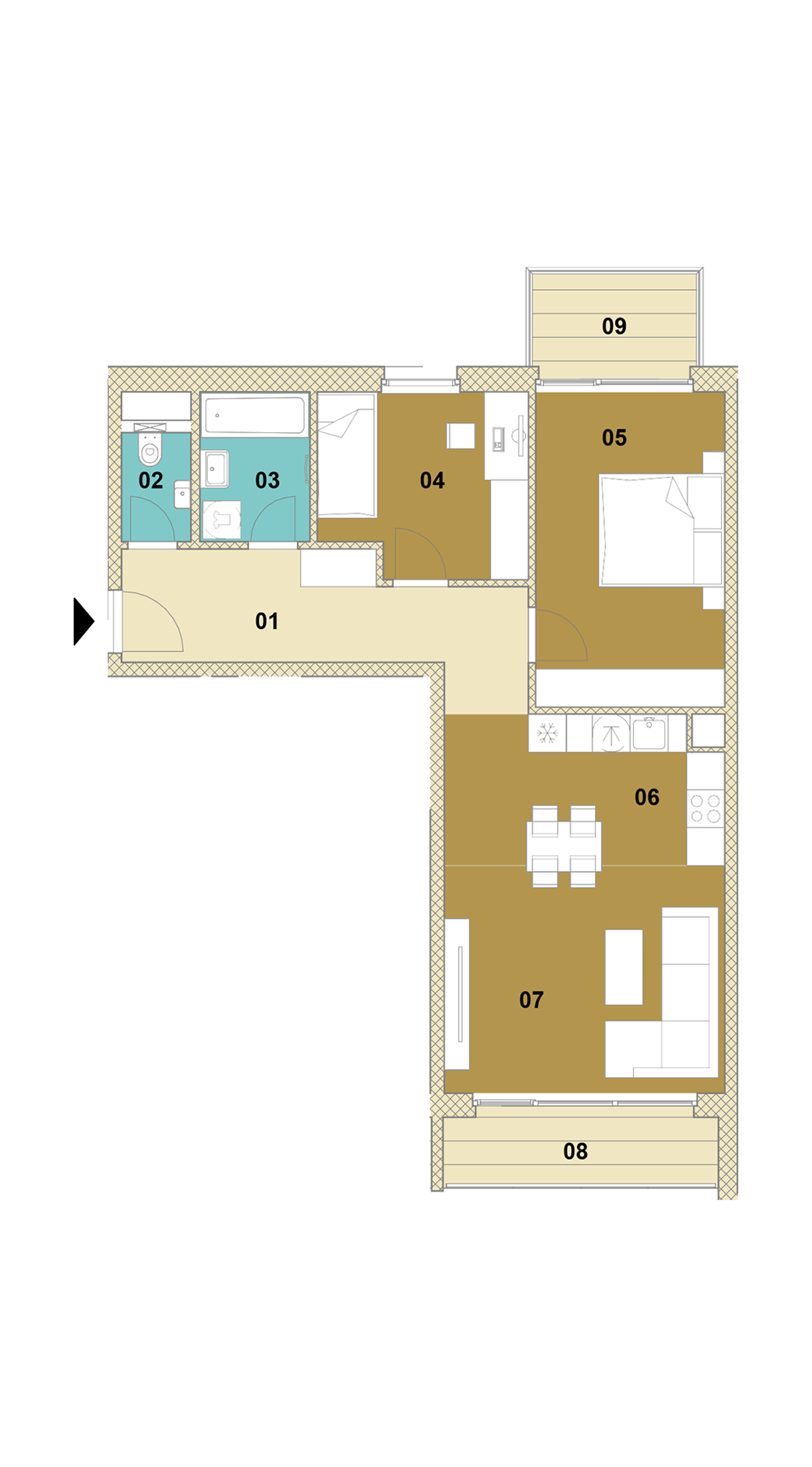 Trojizbový byt s balkónom a loggiou E1-301