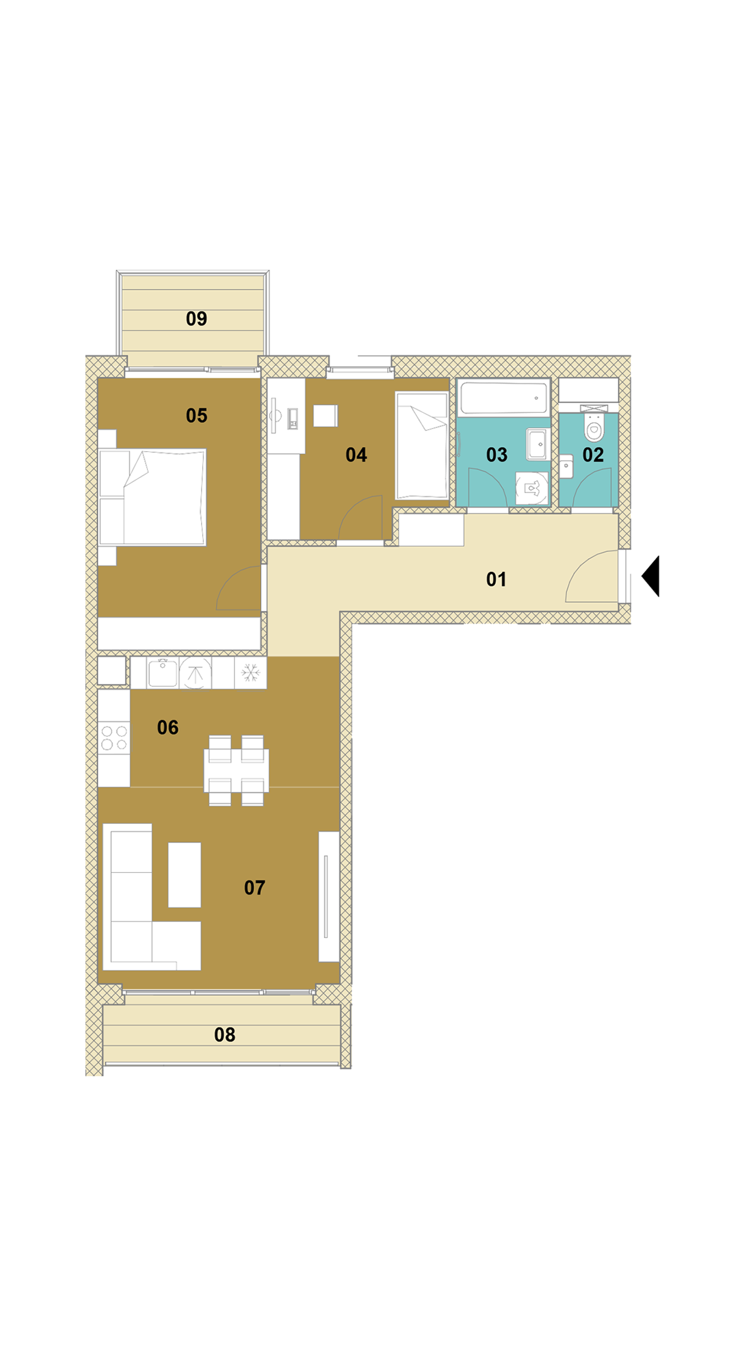 Trojizbový byt s balkónom a loggiou E1-305