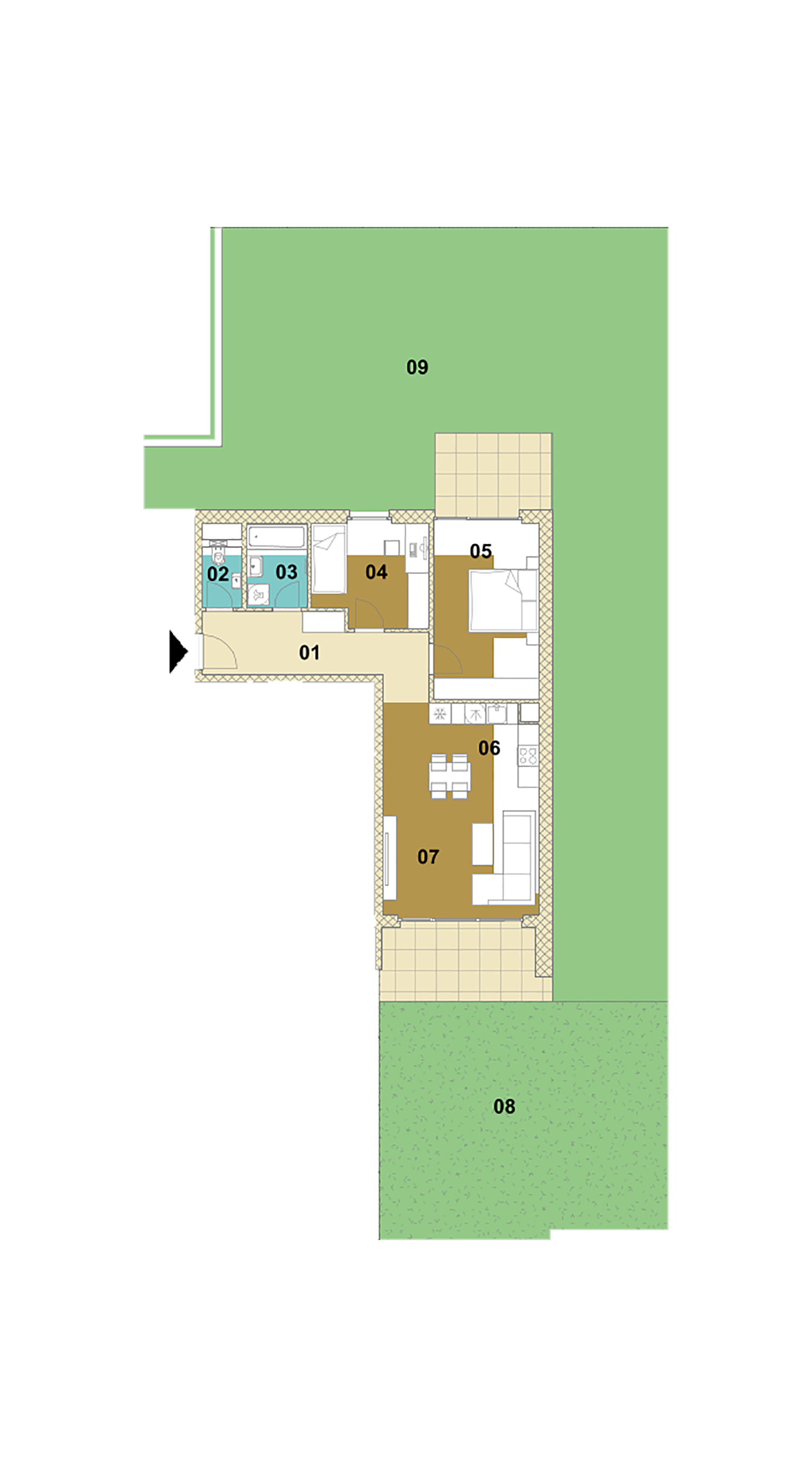 Trojizbový byt s balkónom, loggiou a záhradou E2-101