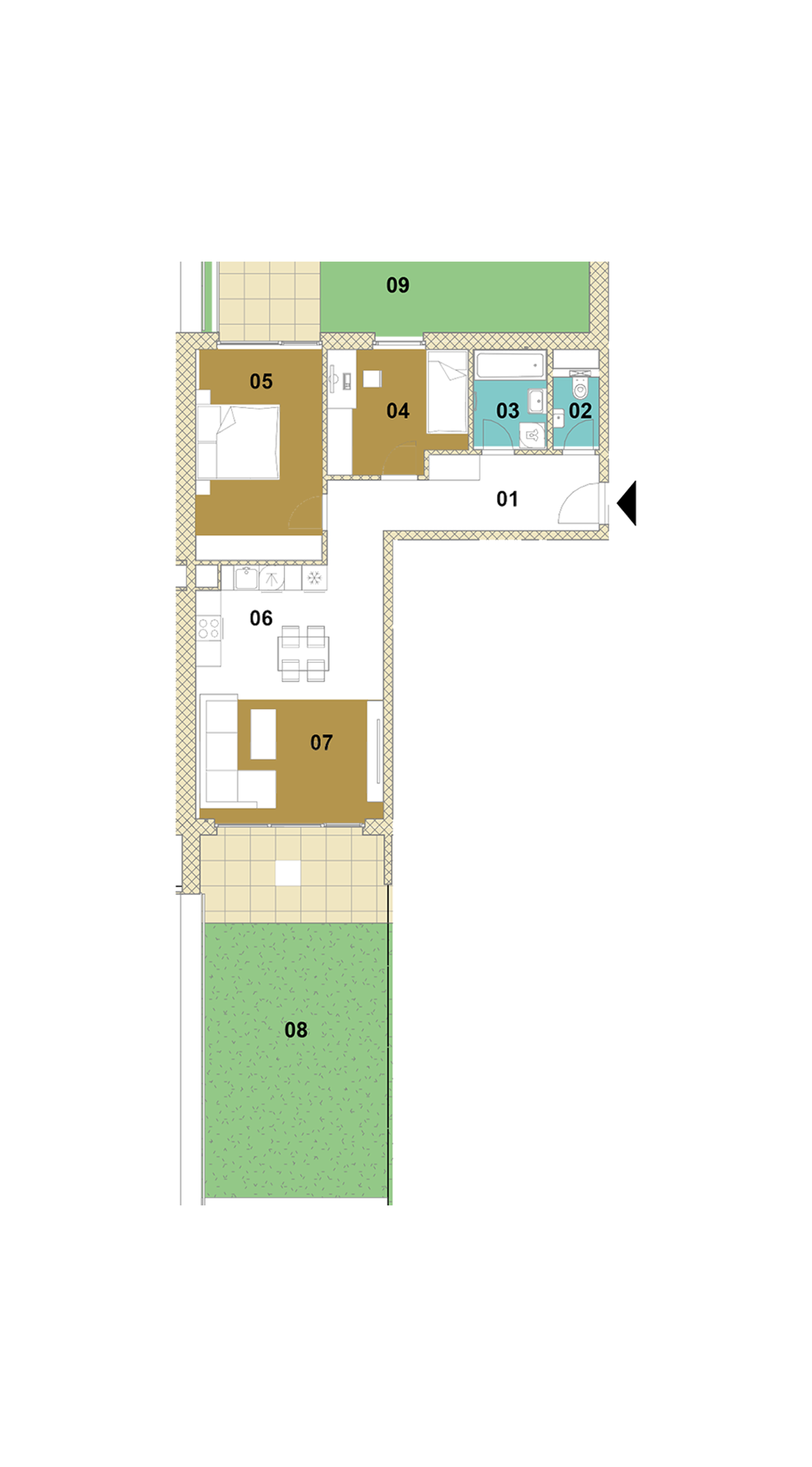 Trojizbový byt s balkónom, loggiou a záhradou E2-105