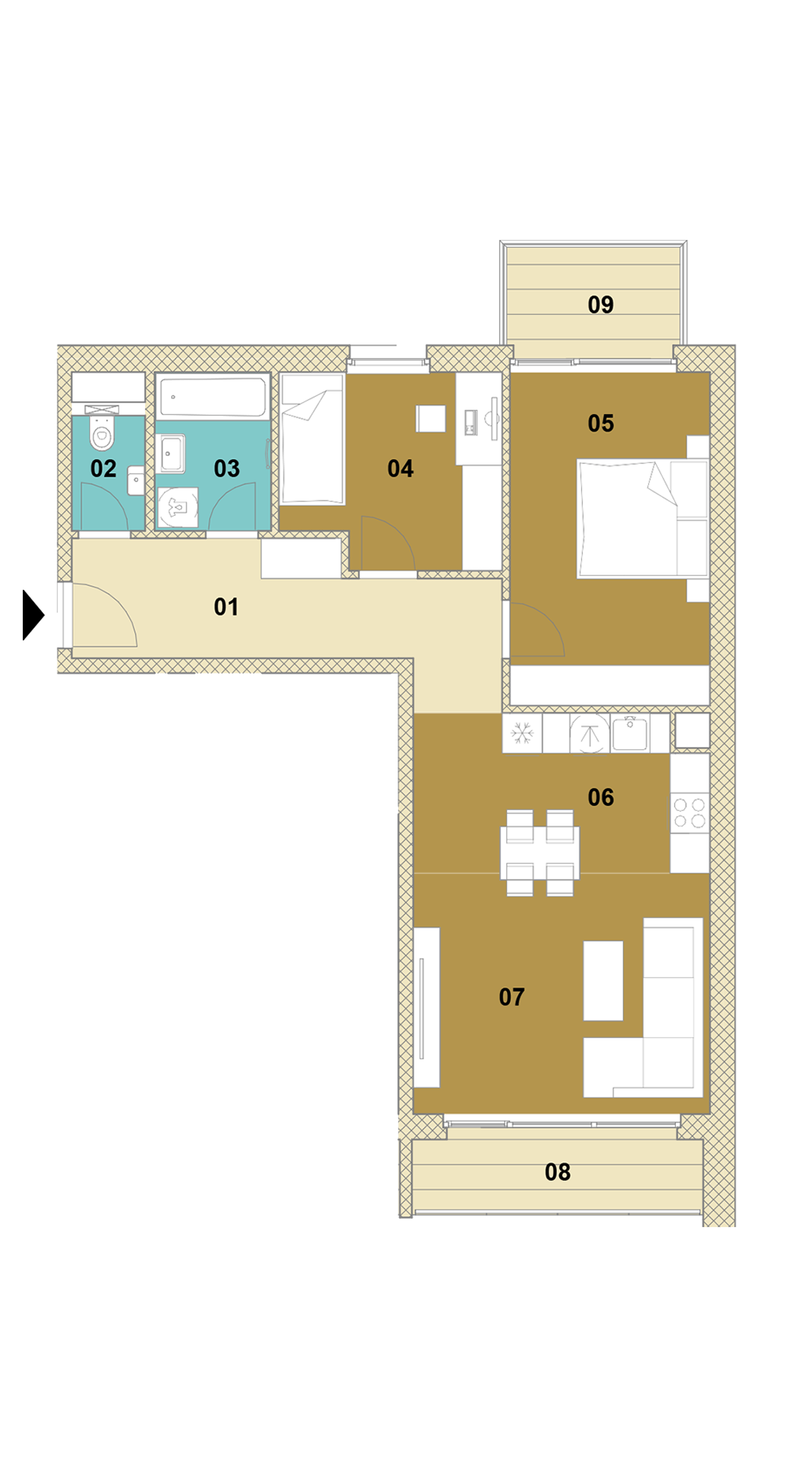 Trojizbový byt s balkónom a loggiou E2-201