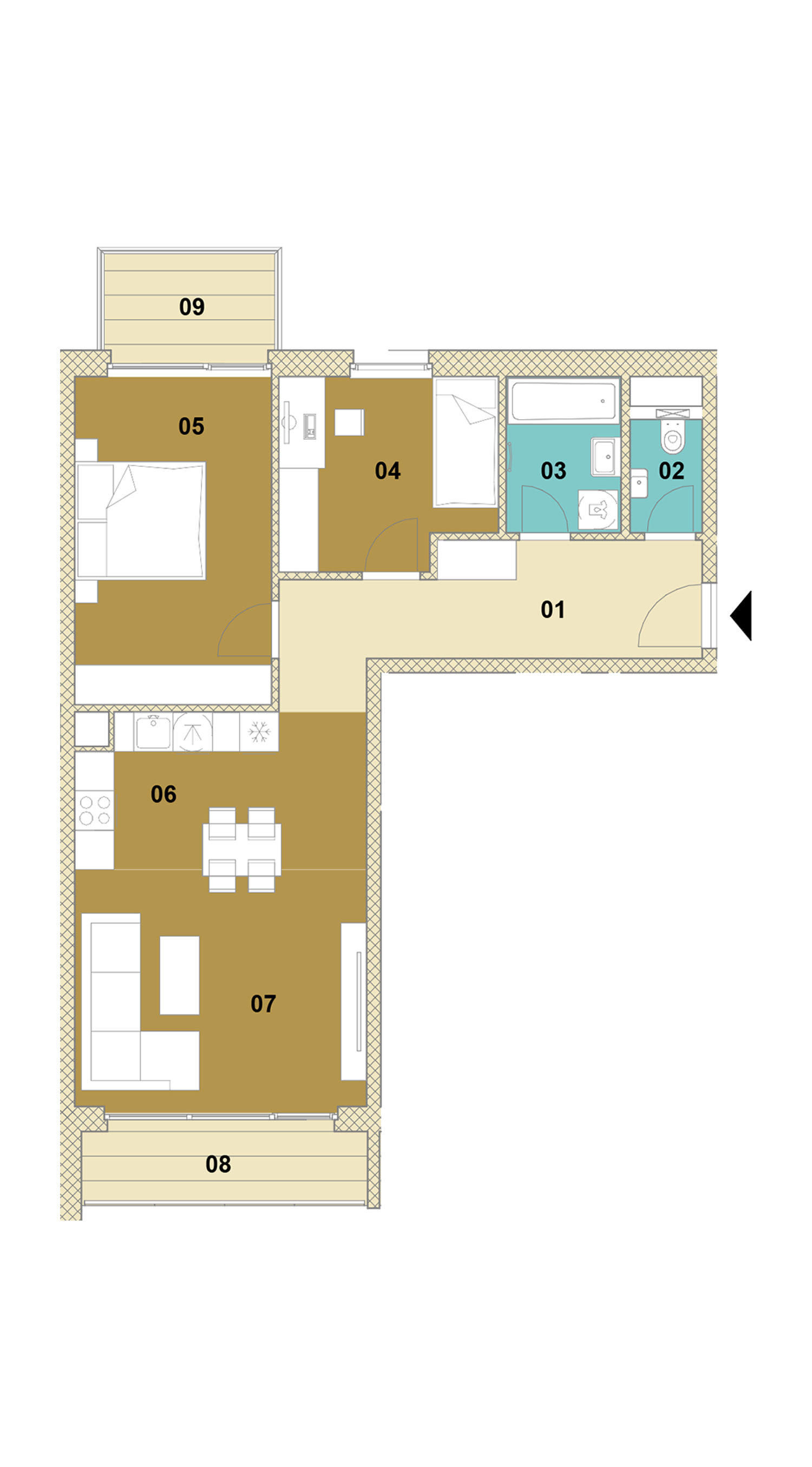 Trojizbový byt s balkónom a loggiou E2-205