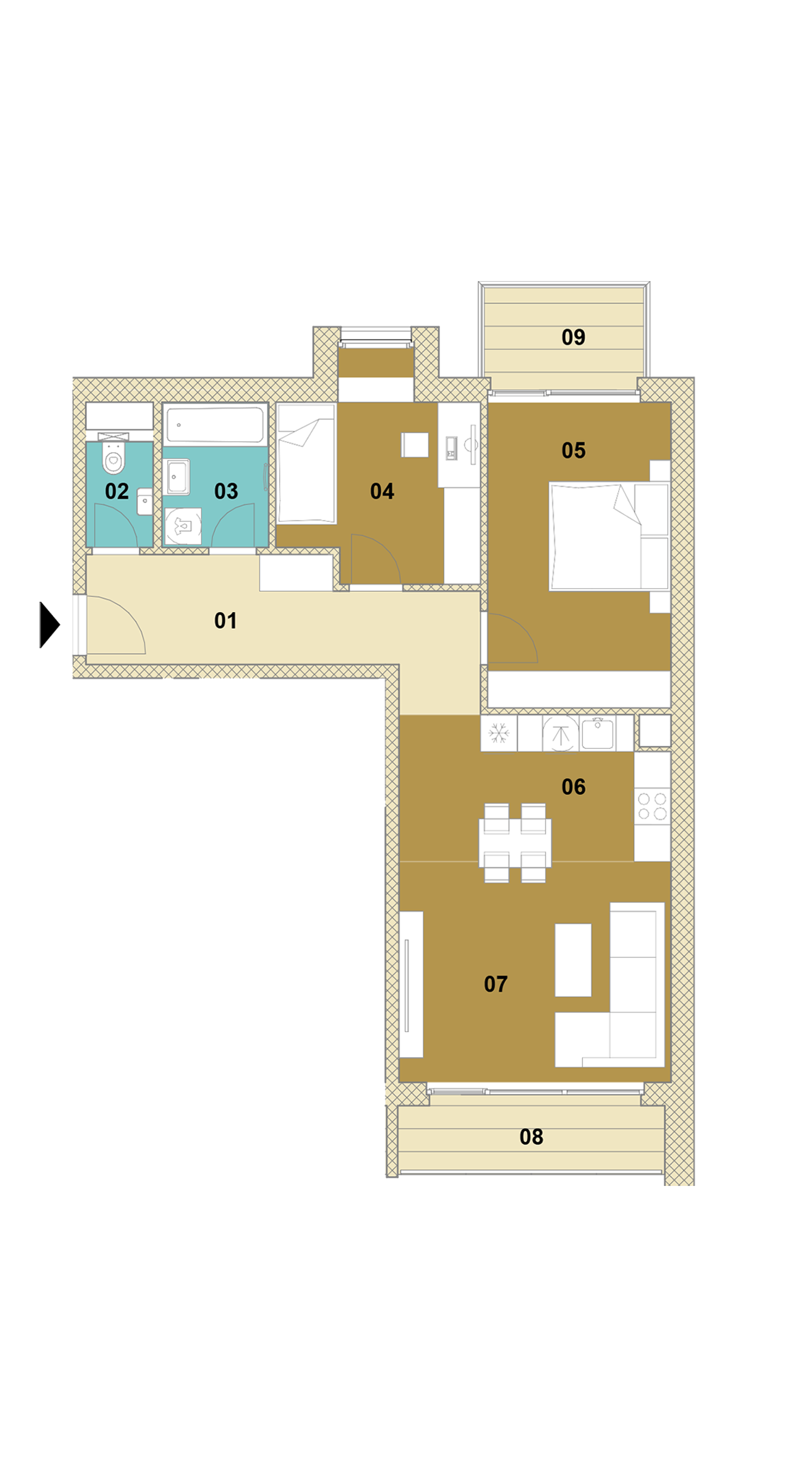 Trojizbový byt s balkónom a loggiou E2-301