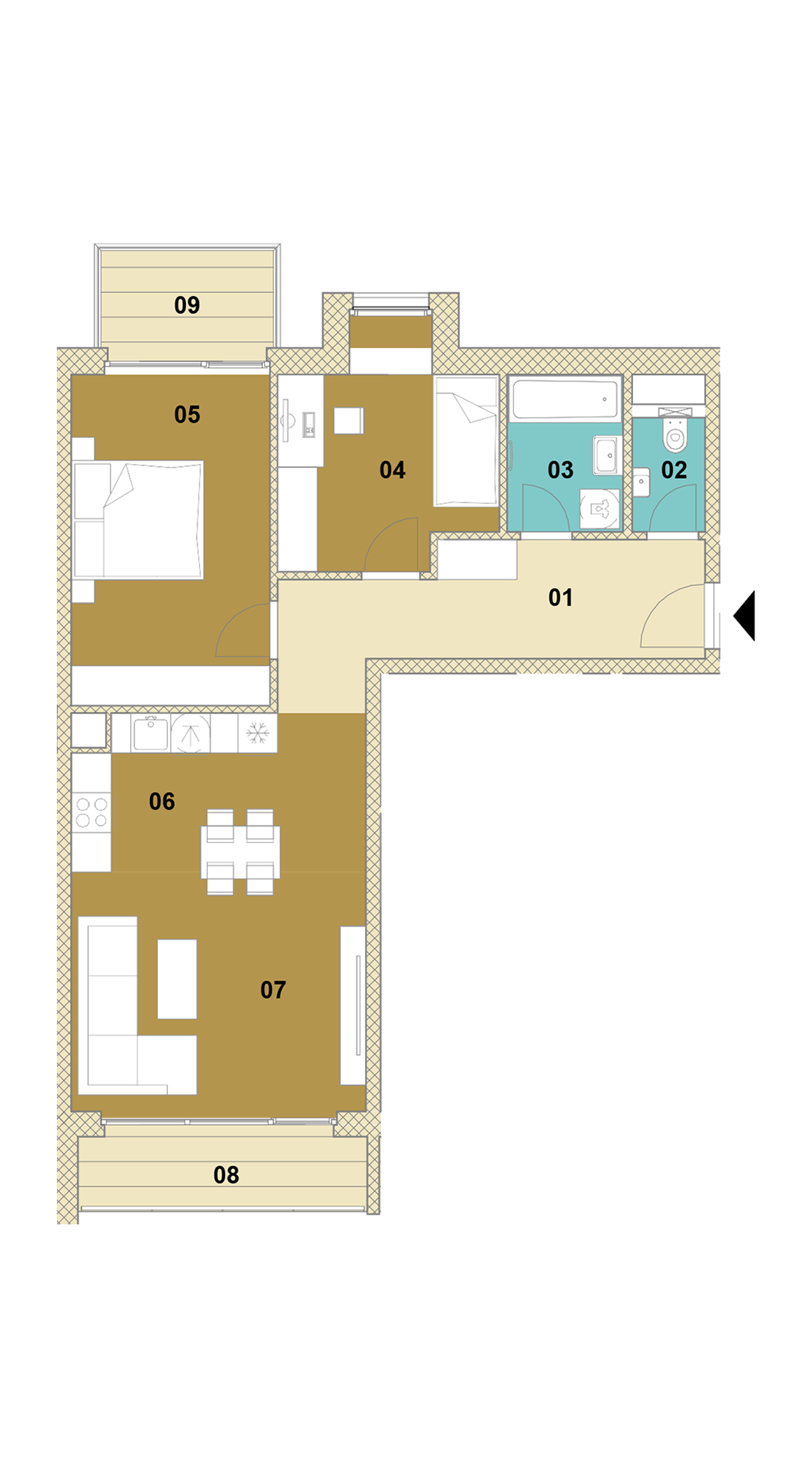 Trojizbový byt s balkónom a loggiou E2-305