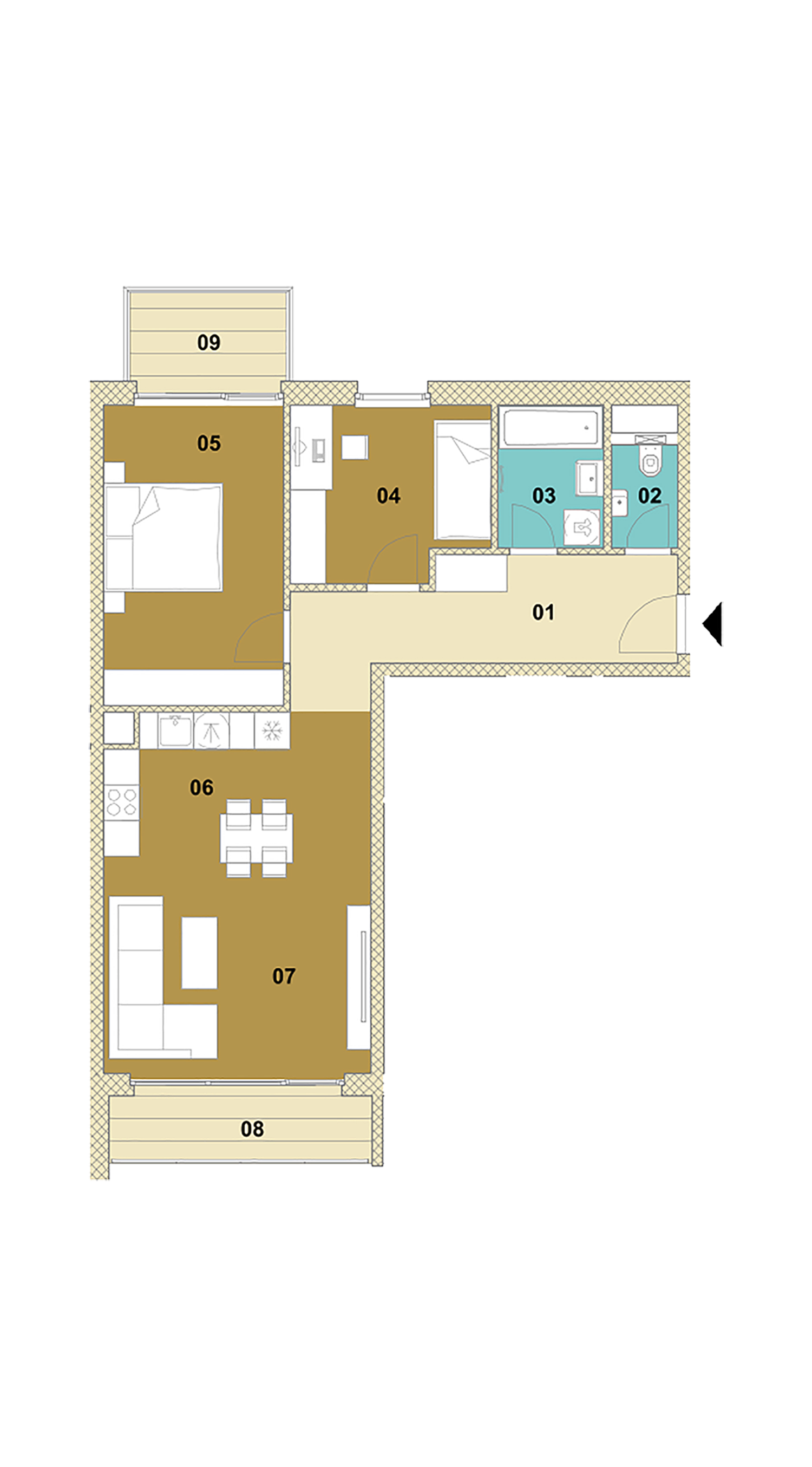 Trojizbový byt s balkónom a terasou E2-405