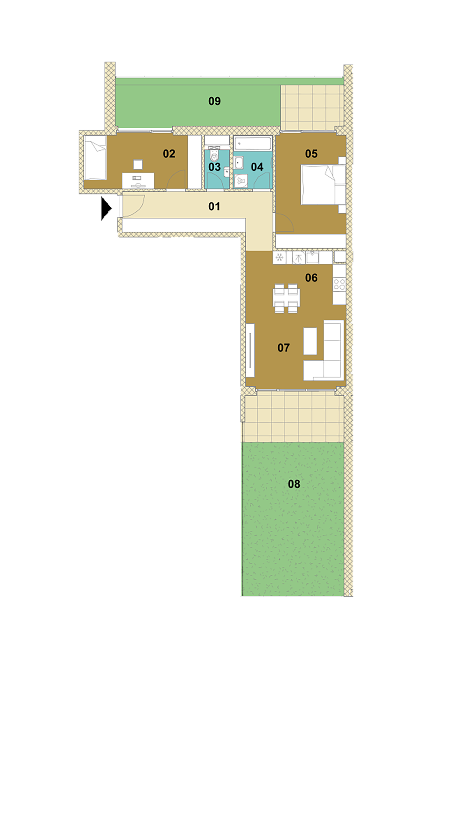 Trojizbový byt s balkónom, loggiou a záhradou D1-101