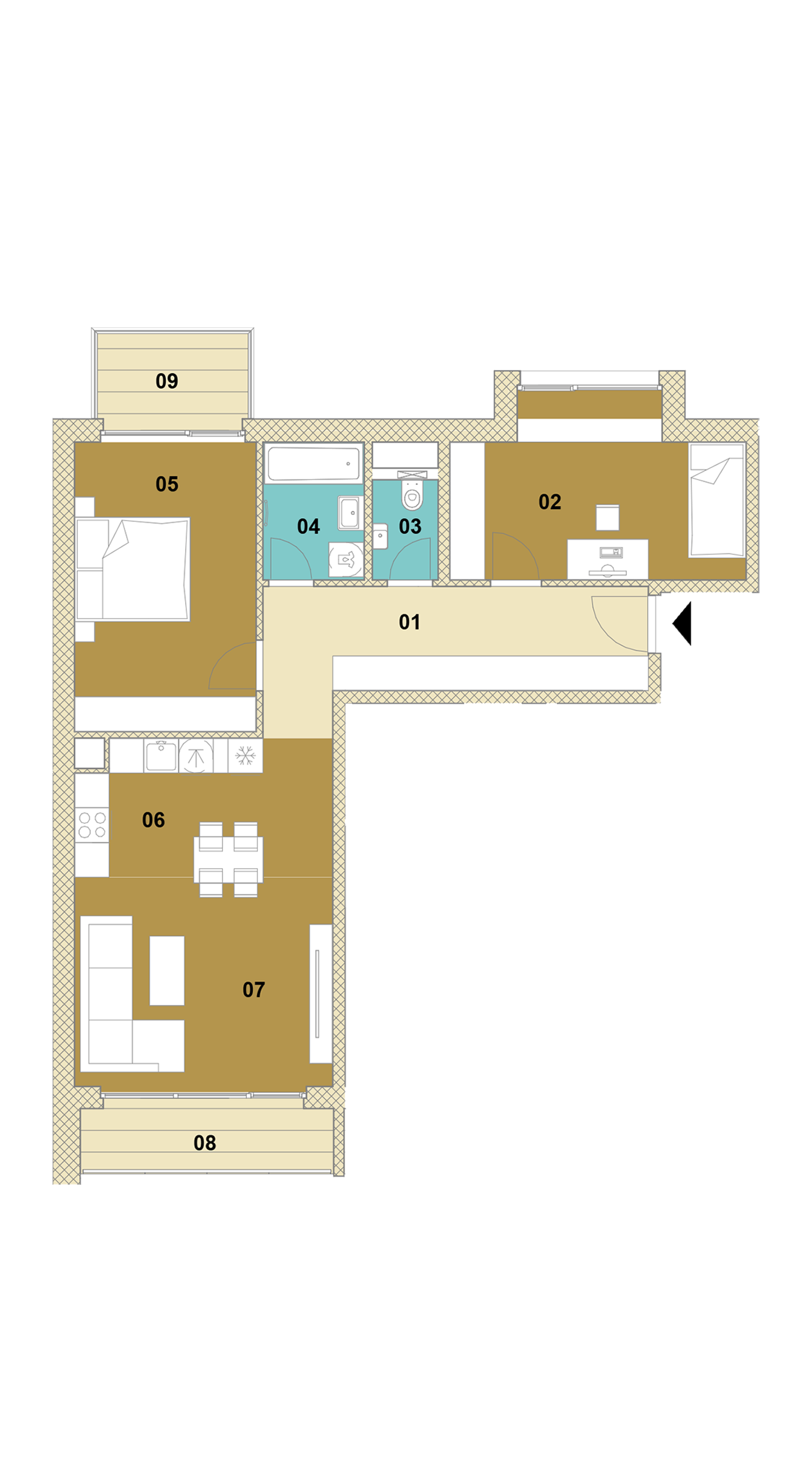 Trojizbový byt s balkónom a loggiou D1-406