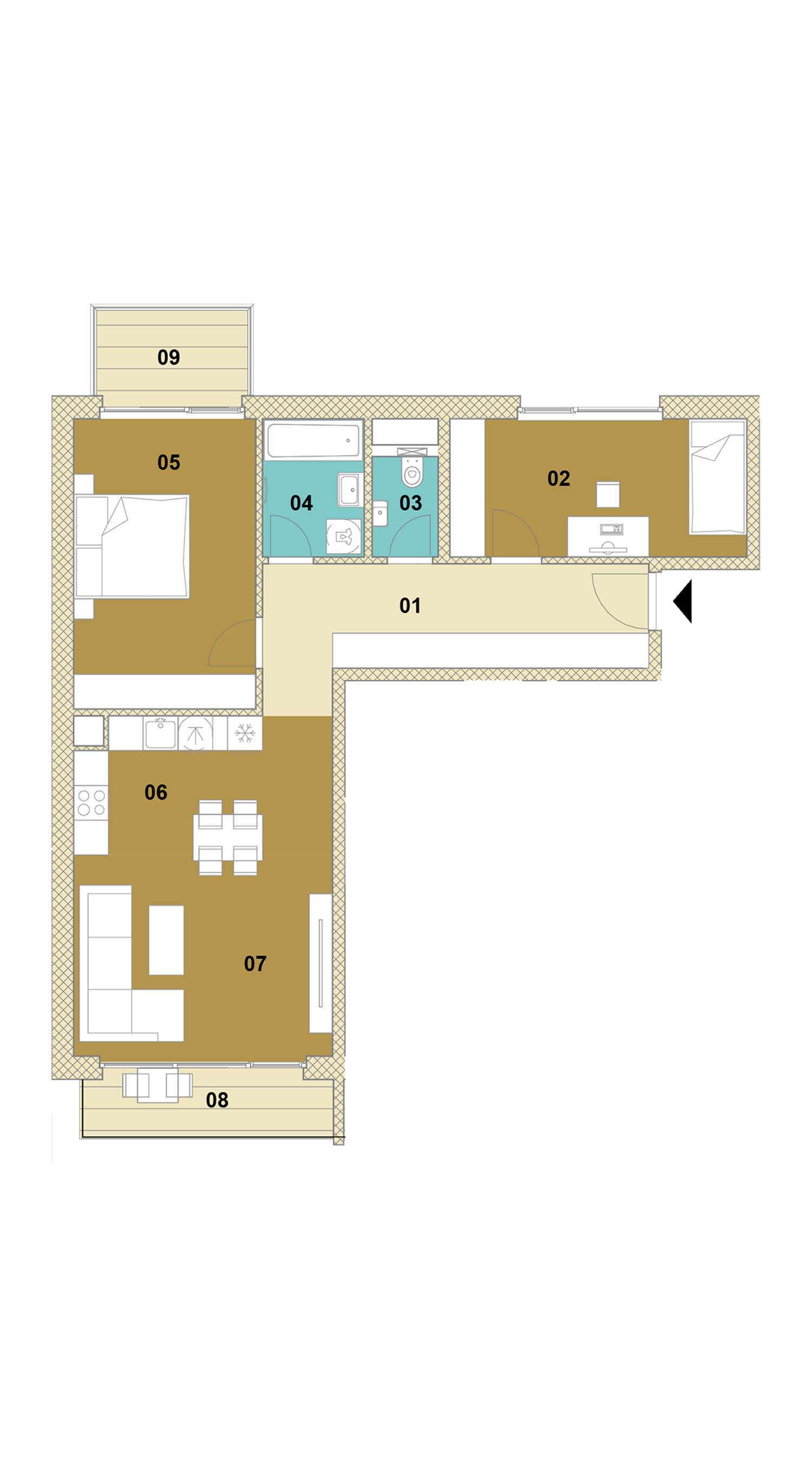 Trojizbový byt s balkónom a terasou D1-505