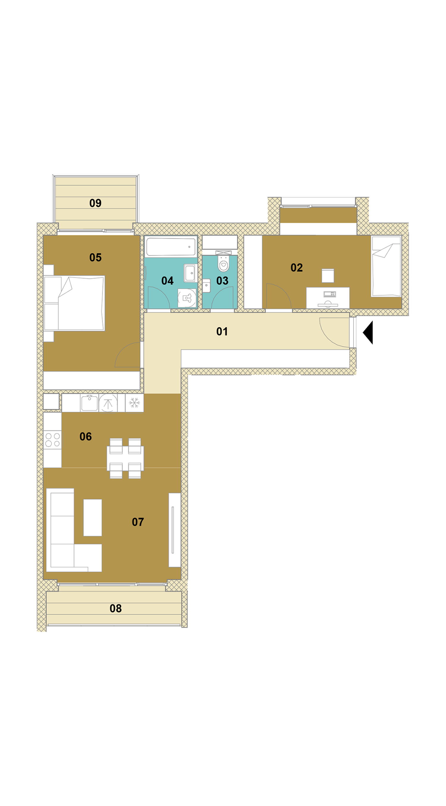 Trojizbový byt s balkónom a loggiou D2-306