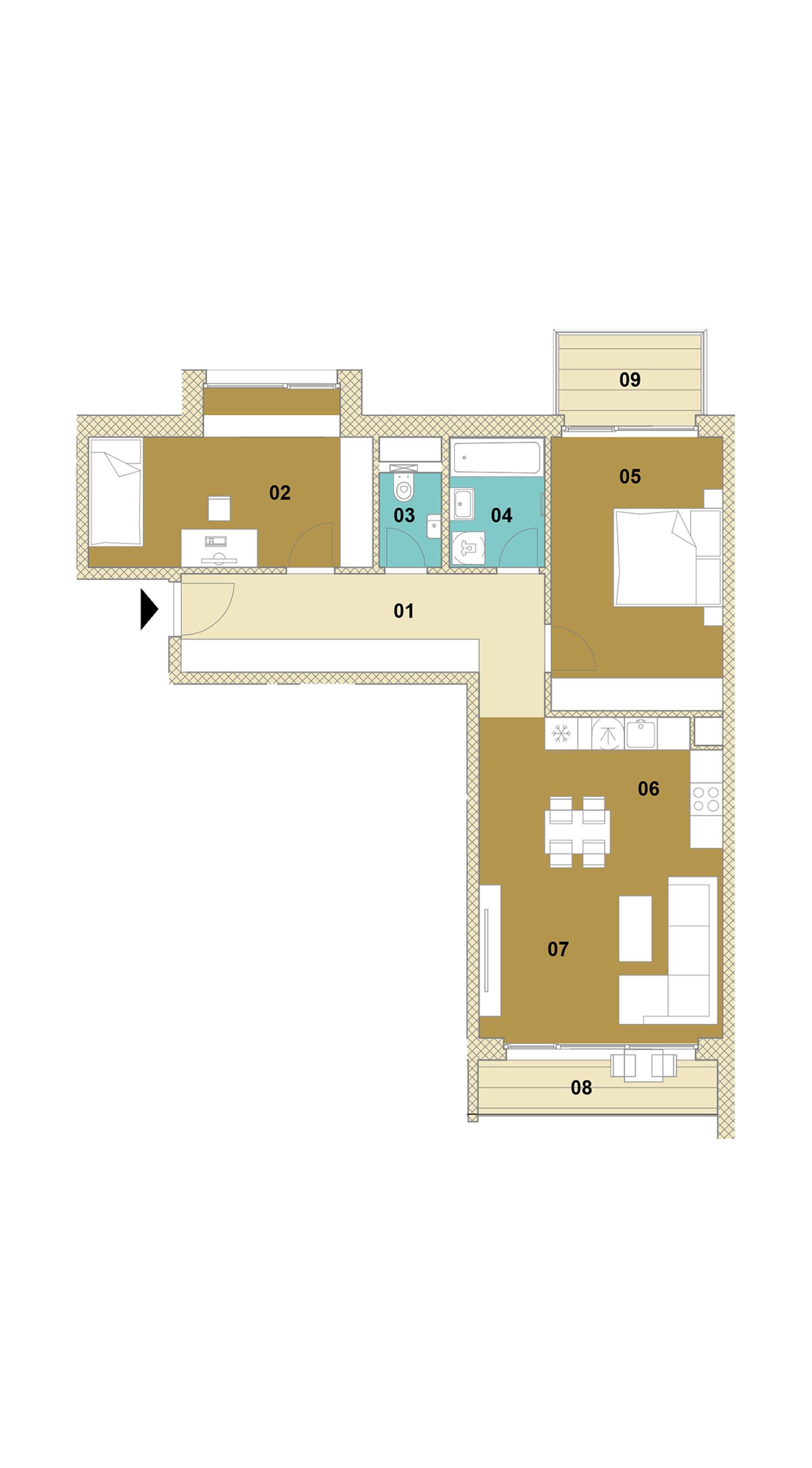 Trojizbový byt s balkónom a terasou D2-501